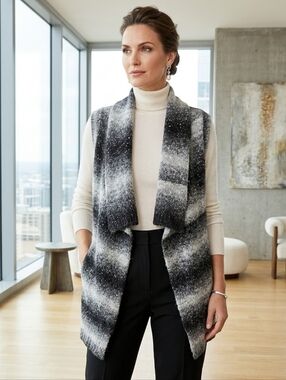 BCIM Luxury Fuzzy Ombré Gray Knit Vest  Draped Sleeveless Cardigan Rich Modern